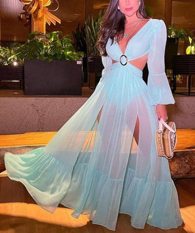 Vestido Longo em Tule Recorte na Cintura e Decote V Profundo