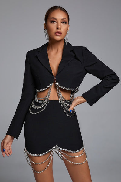Cropped Blazer and Short Skirt Set with Crystal Chains