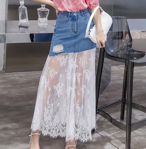 Saia Jeans Longa Rendada