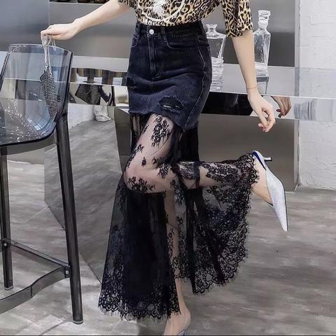 Long Lace Jeans Skirt