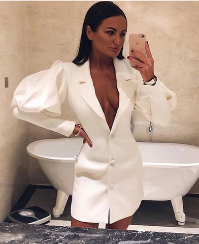 Vestido Curto com Botões Manga Balão Decote V Branco