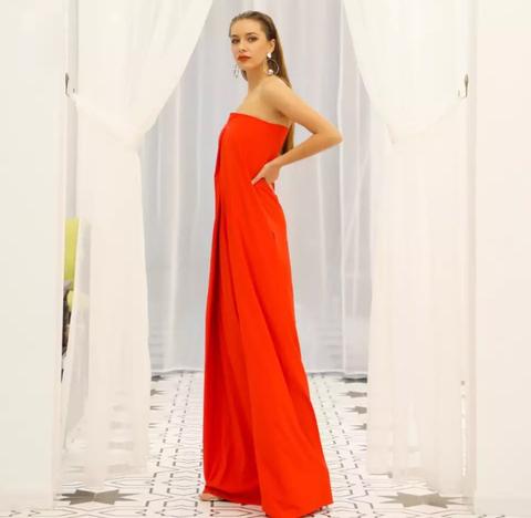 Loose Strapless Wide Leg Jumpsuit with Pockets