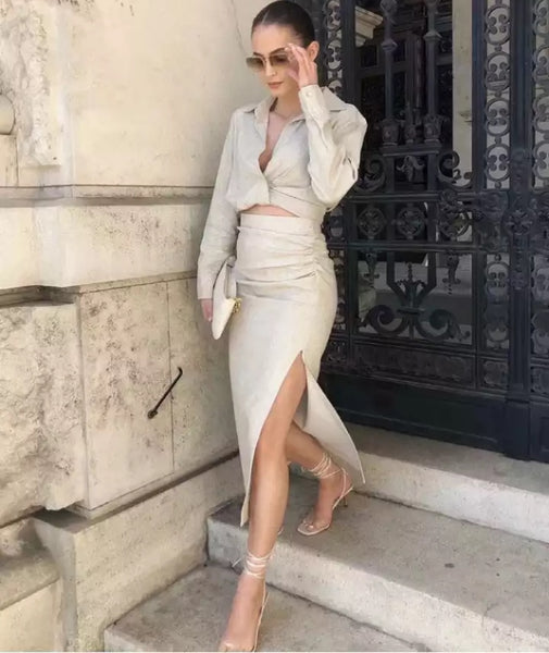 Long Sleeve Cropped Shirt and Midi Skirt with Slit Set