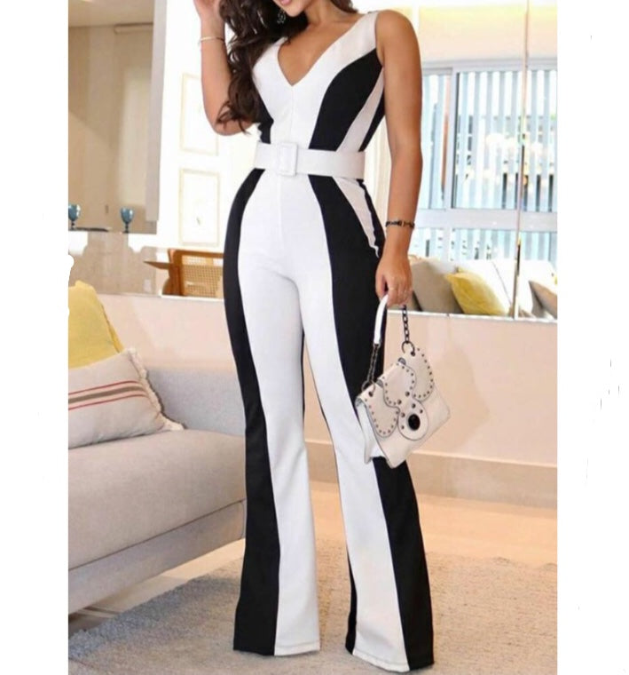 Sleeveless V-Neck Jumpsuit with Color Block Belt