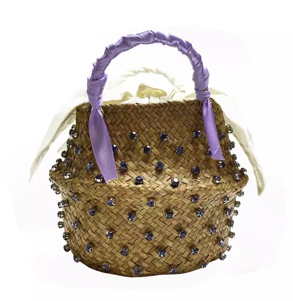 Bolsa Pequena de Mão Cesto de Palha Artesanal com Diamantes