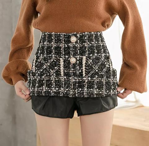 High Waist Plaid Wool Short Skirt