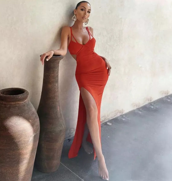 Vestido Longo Justo com Fenda e Alcinha Decote V Costas Abertas