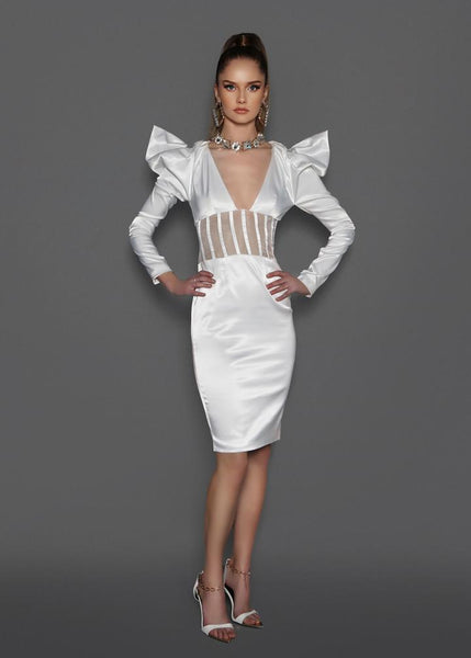 Vestido Midi Justo de Cetim Decote V Mangas Bufantes