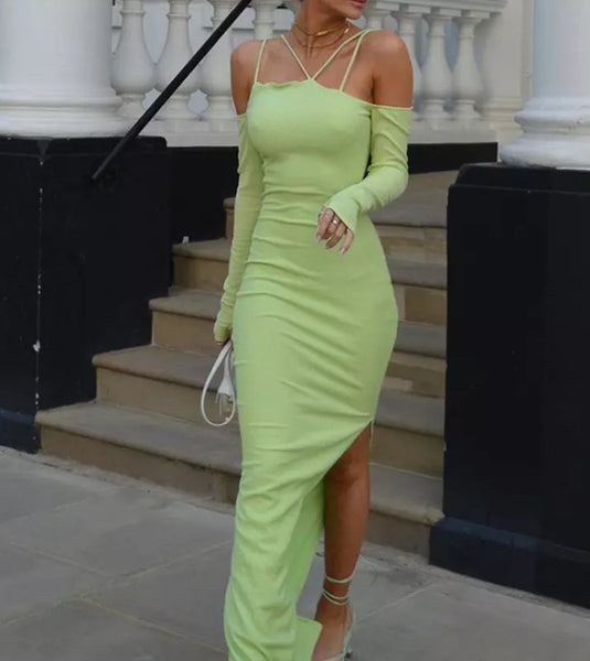 Vestido Longo Justo com Tiras e Fenda Ombro a Ombro Verde