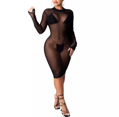 Vestido Midi em Tule Justo Preto