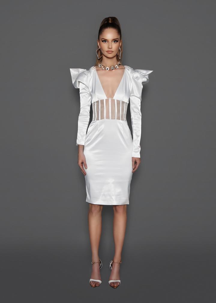 Vestido Midi Justo de Cetim Decote V Mangas Bufantes