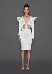 Vestido Midi Justo de Cetim Decote V Mangas Bufantes