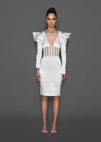 Vestido Midi Justo de Cetim Decote V Mangas Bufantes