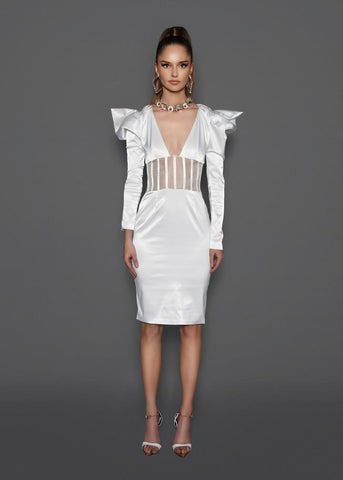 Fitted Satin Midi Dress with V-Neckline and Puff Sleeves