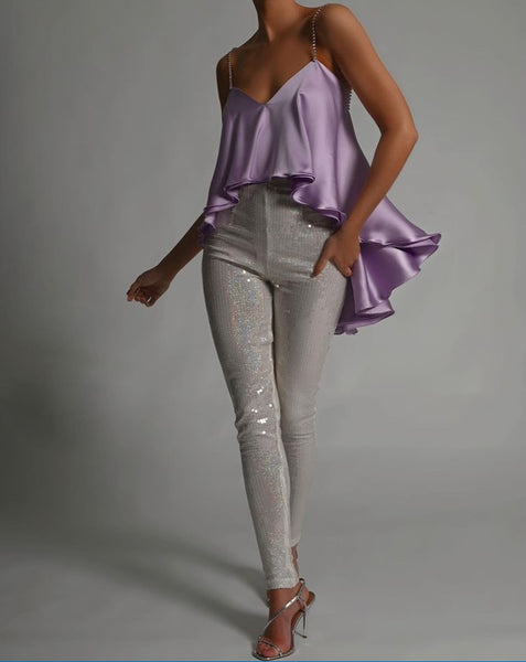 Blusa de Cetim com Decote V Alças de Cristais e Calda