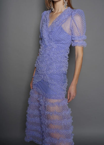 Vestido Longo com Manga Curta Rendado e Tule Lilás