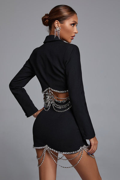 Cropped Blazer and Short Skirt Set with Crystal Chains