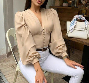 V-Neck Puffed Long Sleeve Blouse
