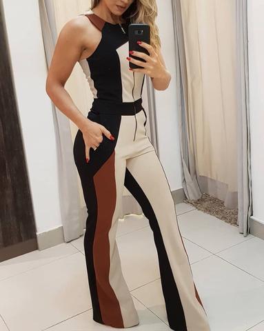Sleeveless Jumpsuit with Zipper Closure and Color Block Pockets