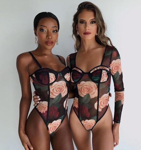 Floral Tulle Bodysuit with Straight Neckline