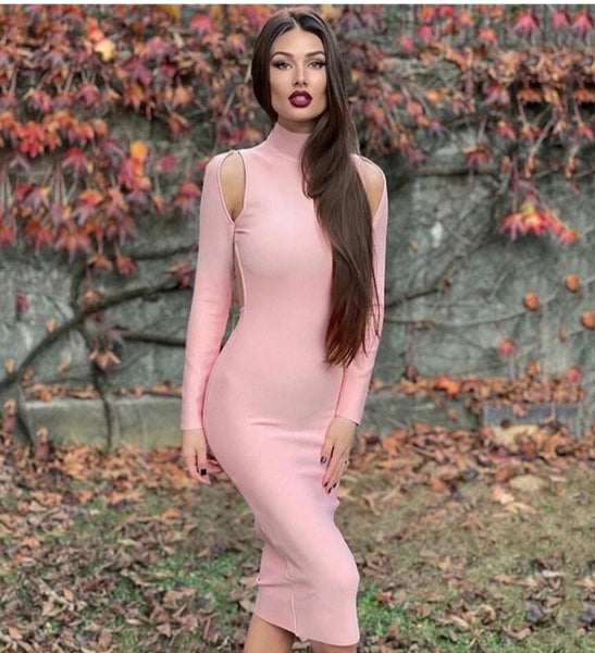 Vestido Midi Justo com Gola Alta e Manga Longa Costas Abertas