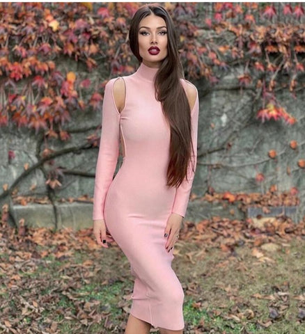 Vestido Midi Justo com Gola Alta e Manga Longa Costas Abertas