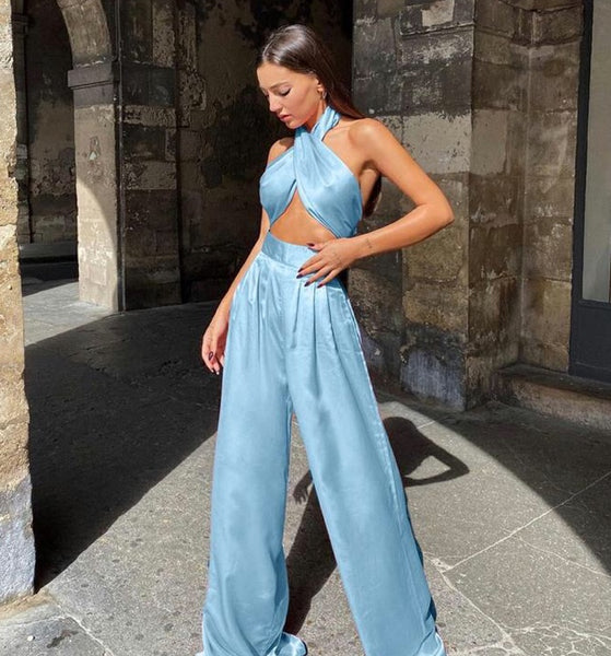 Conjunto de Cetim Top Curto e Calça Pantalona Cintura Alta