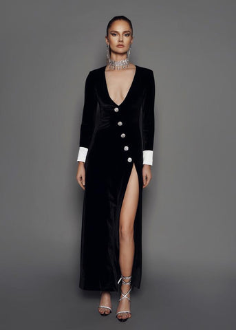 Vestido Longo de Veludo Decote V com Fenda e Manga Longa