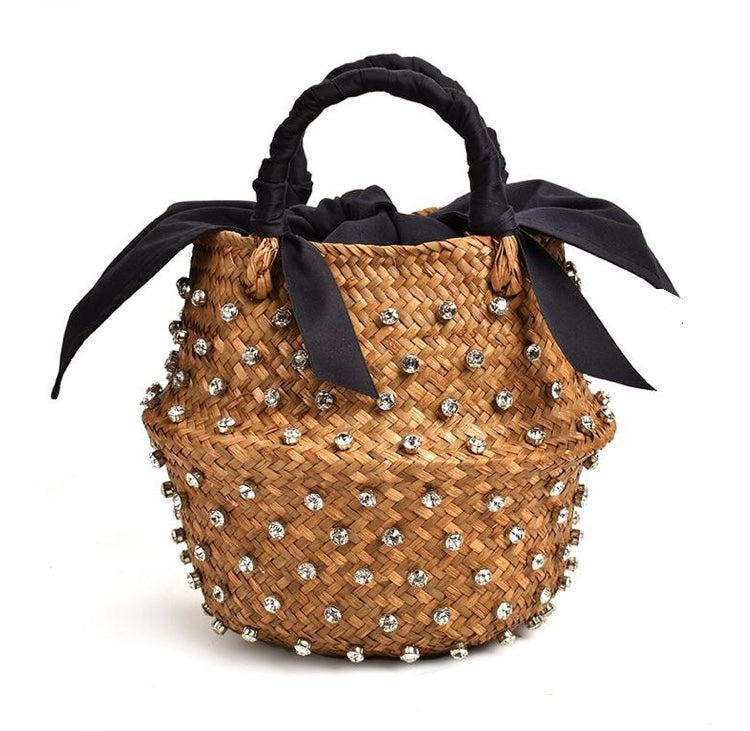 Bolsa Pequena de Mão Cesto de Palha Artesanal com Diamantes