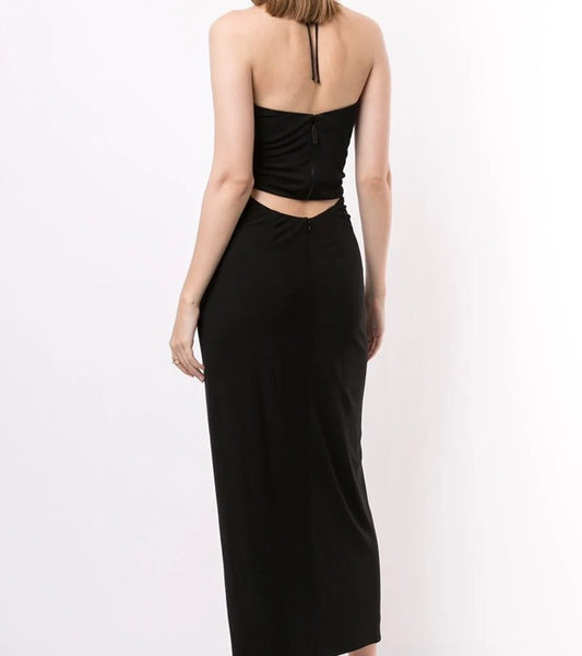 Vestido Longo Drapeado com Recorte na Cintura Frente Única