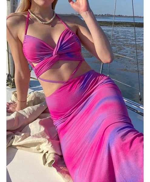 Vestido Longo de Alcinha com Recorte na Cintura e Decote V