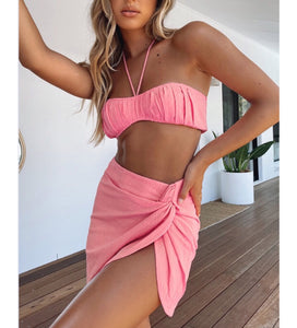 Conjunto Saia Curta Drapeada e Top Curto Franzido Praia