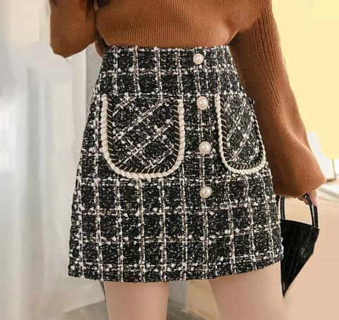 High Waist Plaid Wool Short Skirt