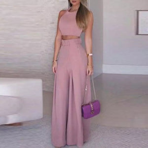 Sleeveless Cropped Set and Wide Leg Pants with Belt