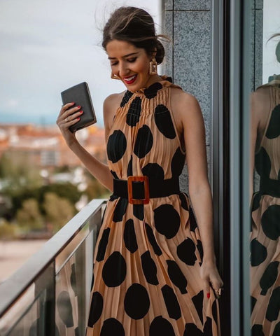 Vestido Midi Sem Alças Gola Alta Poá