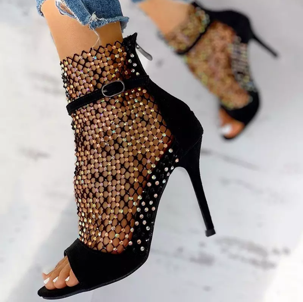 Sandália Peep Toe Salto Alto Fino com Cristais