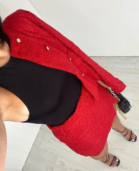 Conjunto de Lã Vermelho Blazer Curto Manga Longa e Saia Curta