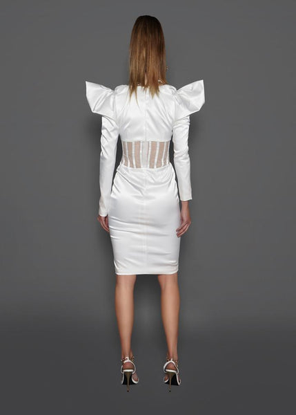 Vestido Midi Justo de Cetim Decote V Mangas Bufantes