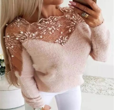 Blusa de Malha Manga Longa com Renda e Bordados