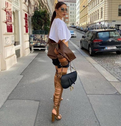 Over The Knee Leather Boot with Thick High Heel and Back Straps