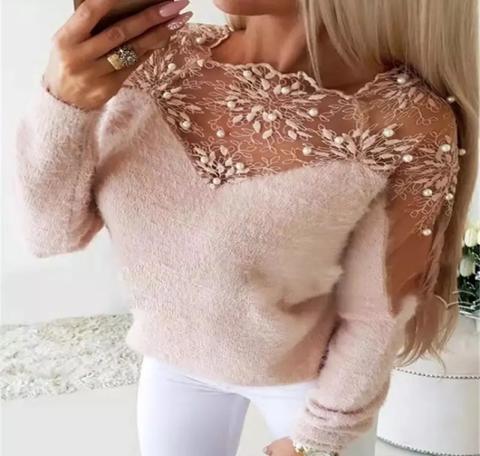 Blusa de Malha Manga Longa com Renda e Bordados