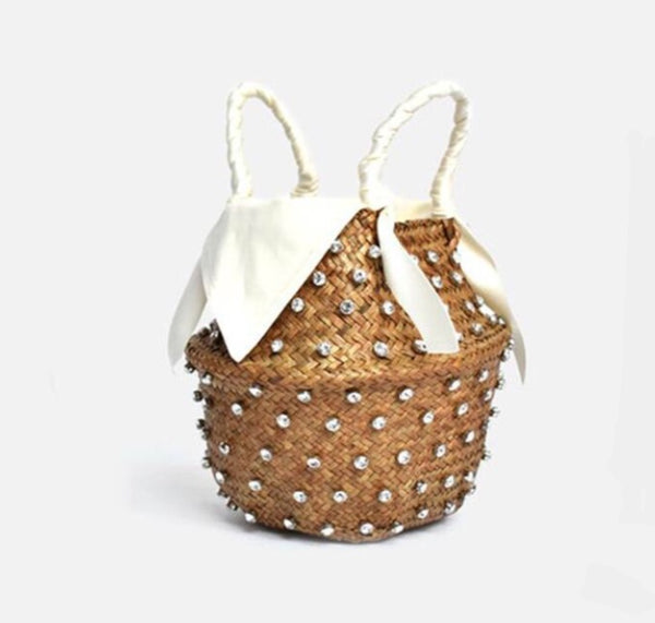 Bolsa Pequena de Mão Cesto de Palha Artesanal com Diamantes
