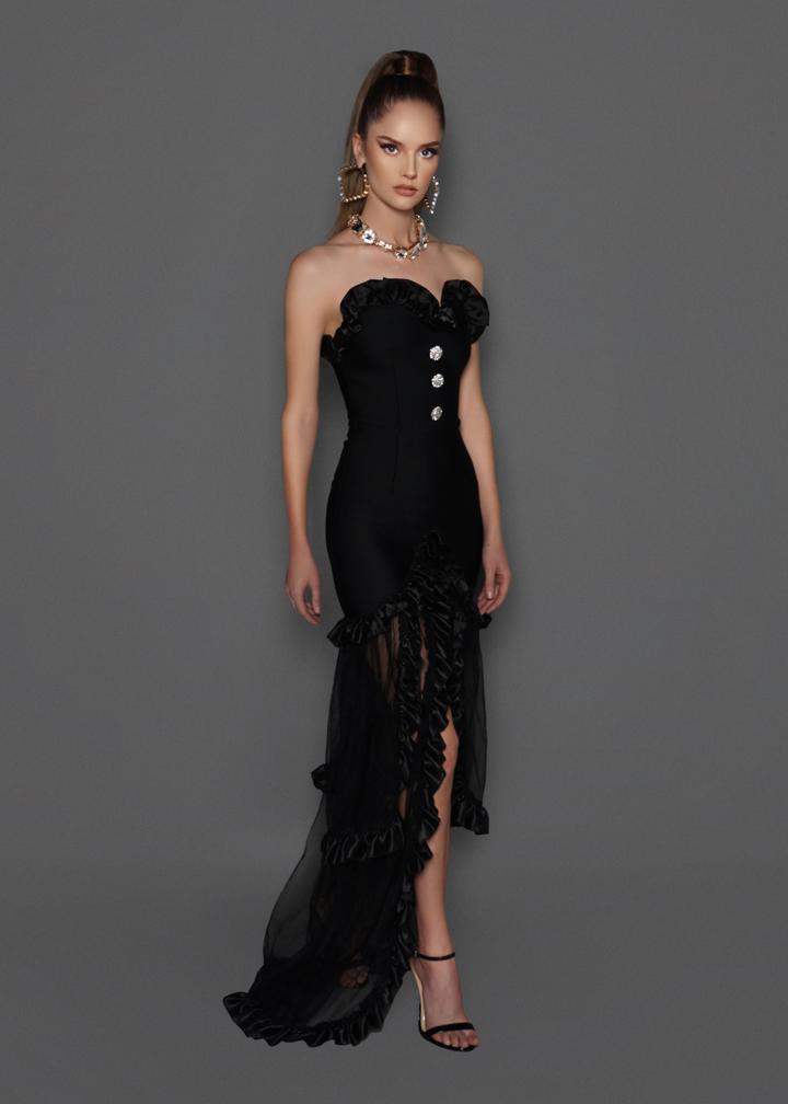 Vestido Longo Preto Tomara que Caia com Renda e Calda