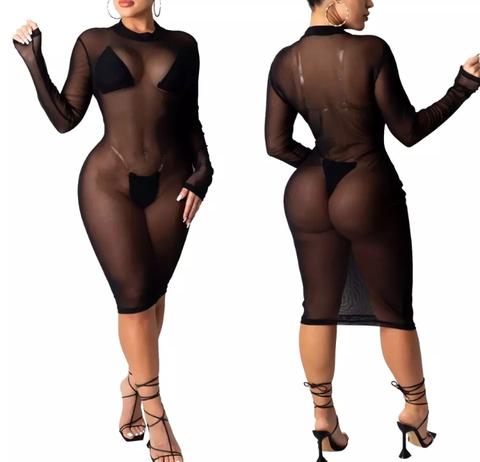 Vestido Midi em Tule Justo Preto