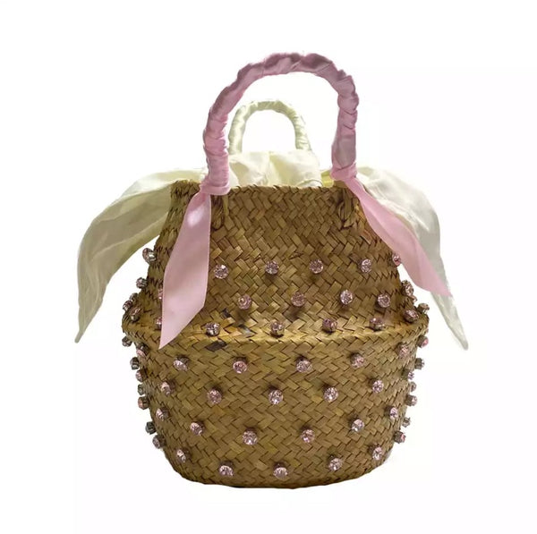 Bolsa Pequena de Mão Cesto de Palha Artesanal com Diamantes