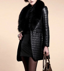 Thick Long Leather Coat with Fur Collar