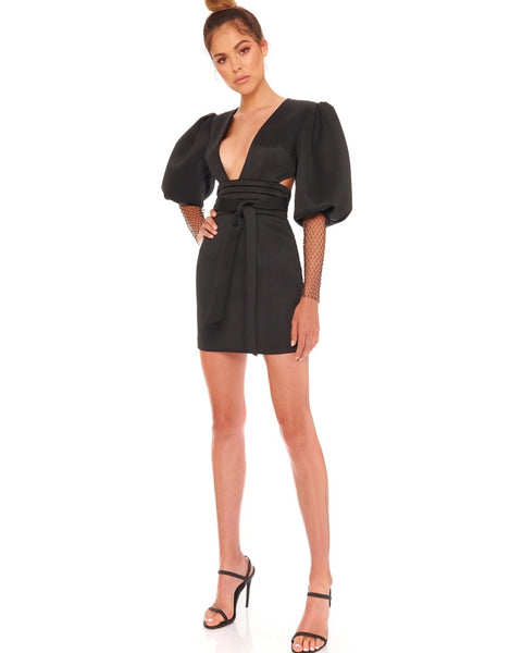 Vestido Curto Justo com Manga Balão Decote V Profundo Costas Aberta