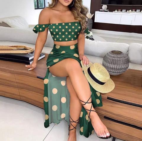 Conjunto Saia Longa com Fenda e Cropped Ombro a Ombro