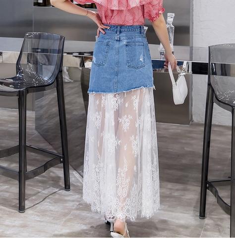 Long Lace Jeans Skirt