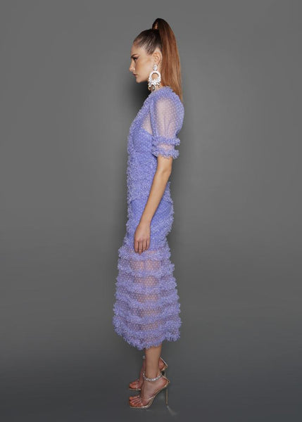 Vestido Longo com Manga Curta Rendado e Tule Lilás